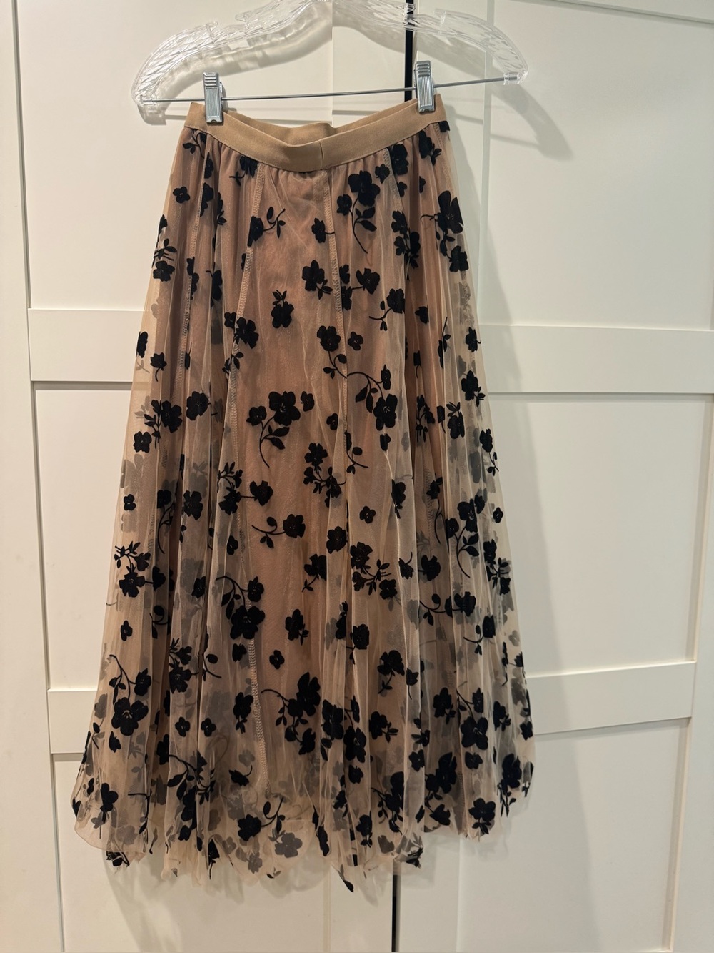 Chicwish Nude Tulle Midi Skirt with Black Floral Embroidery